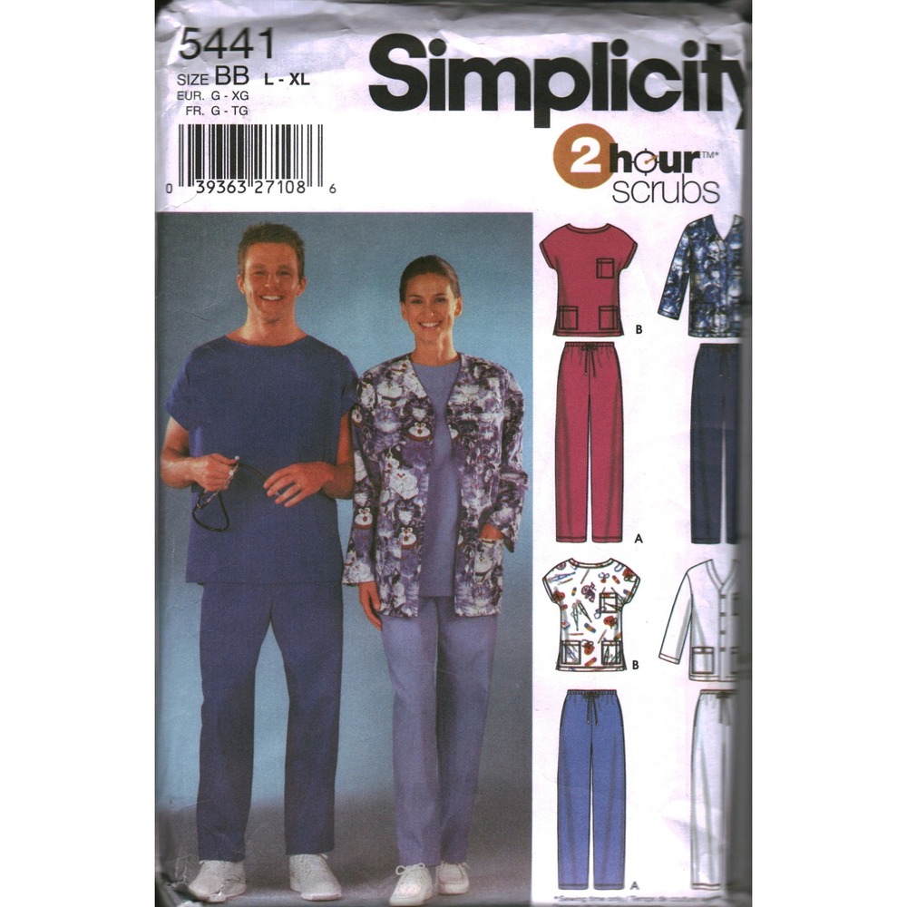 Simplicity 5441 Unisex Scrubs Sewing Pattern Top Pants Jacket Size BB L